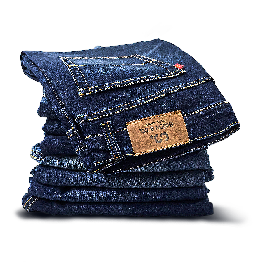 SIMON & CO. | Jeans premium para hombre hechos en Colombia Pila de jeans SIMON & CO. para hombre en denim premium azul oscuro, confeccionados en Colombia con etiqueta en cuero natural.